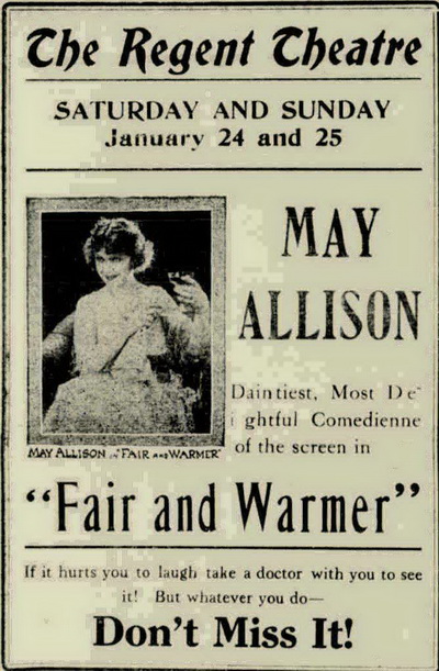 Regent Theater - JANUARY 22 1920 REGENT AD